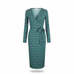 Diane Von Furstenberg Target Midi Wrap Dress XXS Arrow Geo Green Long Sleeve New